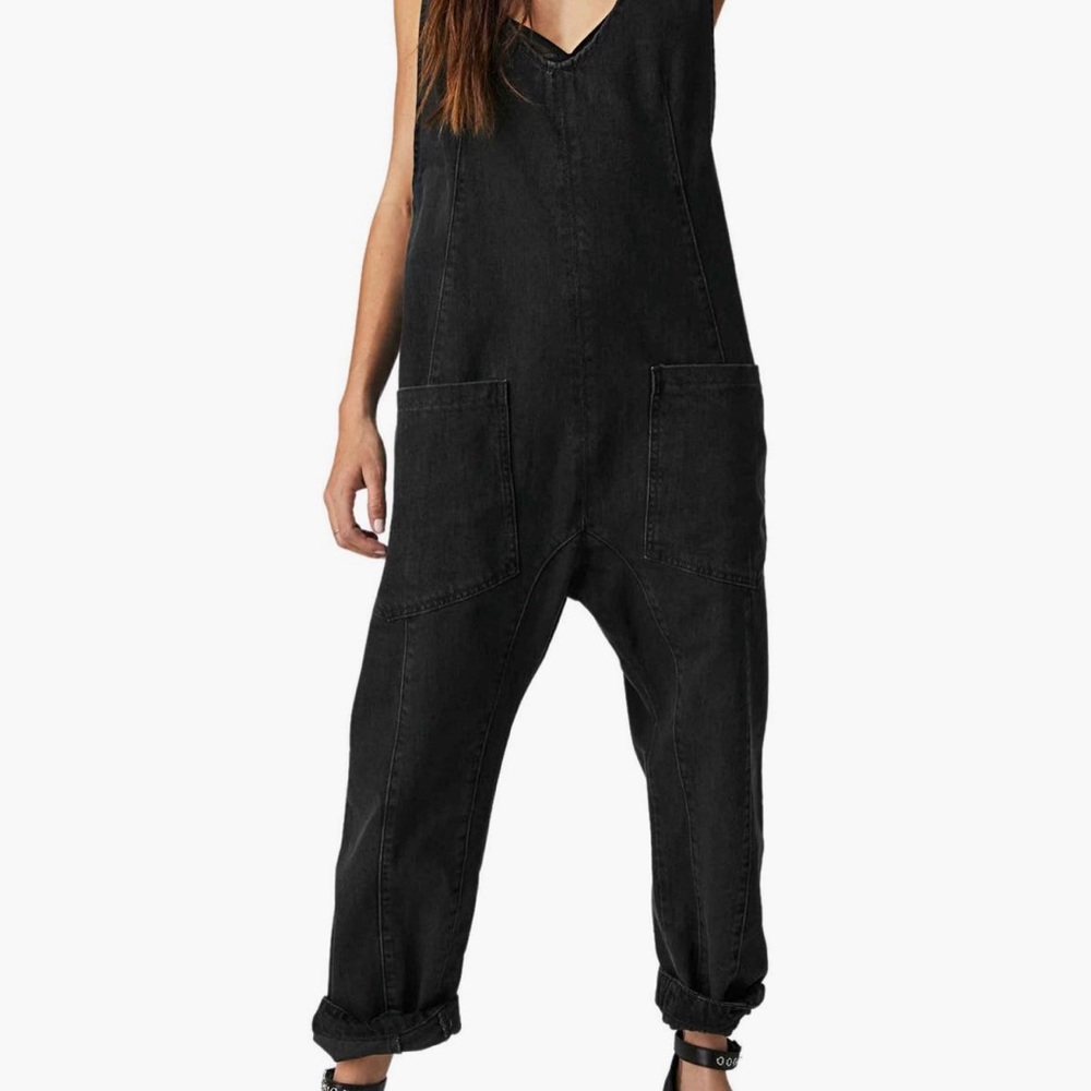 Free People Black Denim Overalls